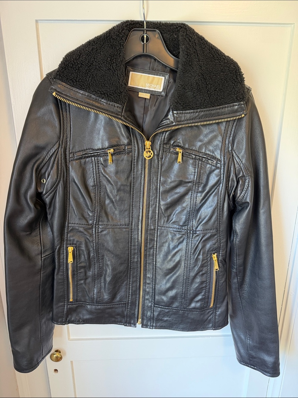 Michael Kors Black Leather Bomber Jacket with Sherpa Collar